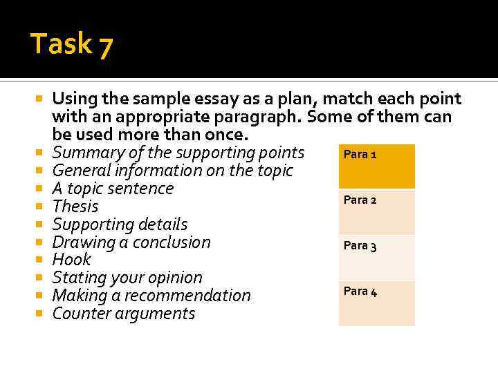 Task 7 Using the sample essay as a plan, match each point with an