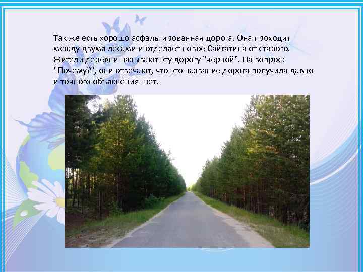 Так же есть хорошо асфальтированная дорога. Она проходит между двумя лесами и отделяет новое