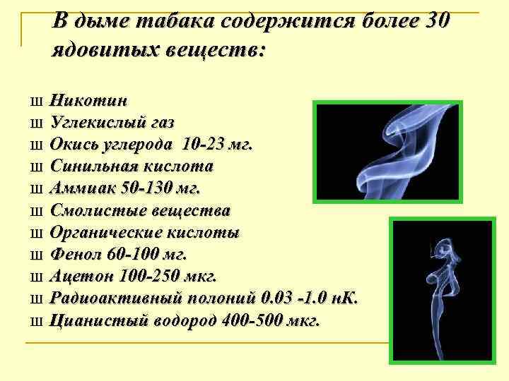 В дыме табака содержится более 30 ядовитых веществ: Ш Ш Ш Никотин Углекислый газ