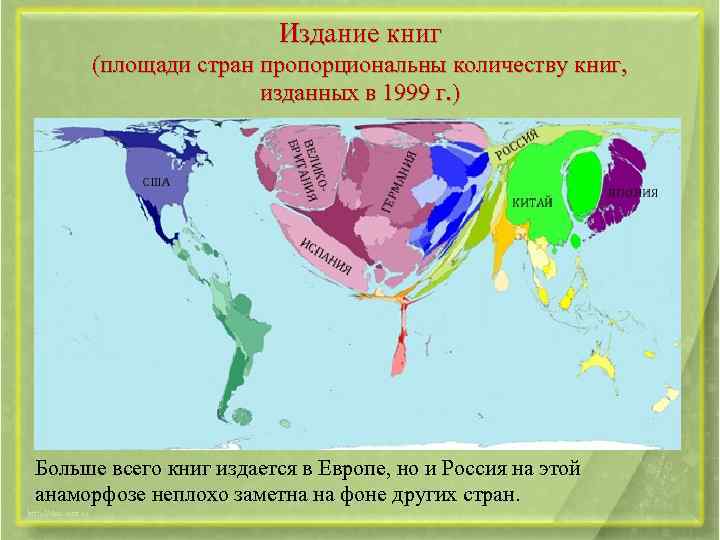 Издание книг (площади стран пропорциональны количеству книг, изданных в 1999 г. ) Больше всего