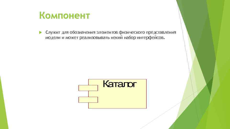 Компонент Служит для обозначения элементов физического представления модели и может реализовывать некий набор интерфейсов.