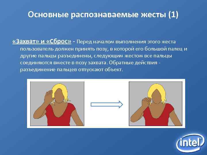 Основные распознаваемые жесты (1) «Захват» и «Сброс» - Перед началом выполнения этого жеста пользователь