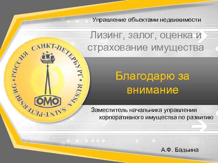 Управление объектами недвижимости Лизинг, залог, оценка и страхование имущества Благодарю за внимание Заместитель начальника