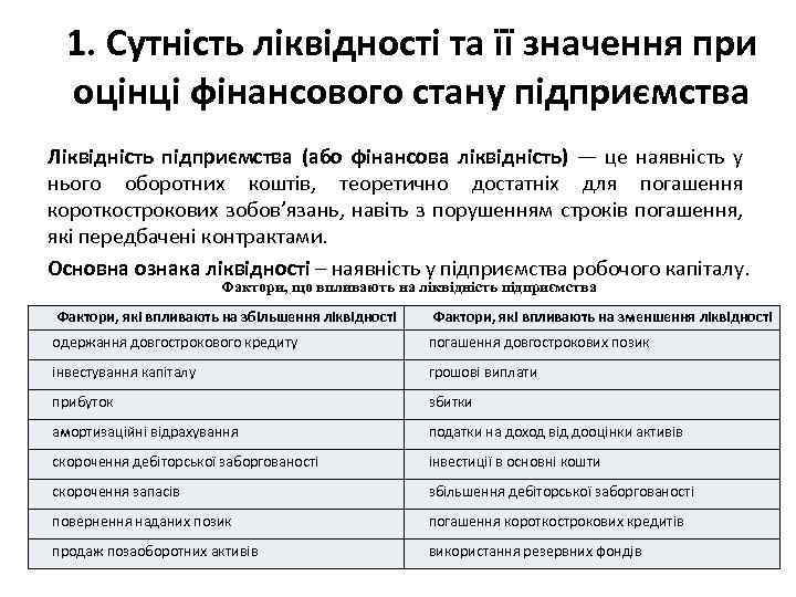 1. Сутність ліквідності та її значення при оцінці фінансового стану підприємства Ліквідність підприємства (або
