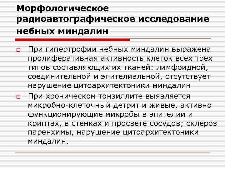 Морфологическое радиоавтографическое исследование небных миндалин o o При гипертрофии небных миндалин выражена пролиферативная активность