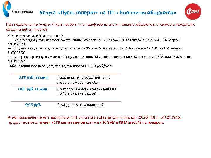 Услуга «Пусть говорят» на ТП « Кнопкины общаются» При подключении услуги «Пусть говорят» на