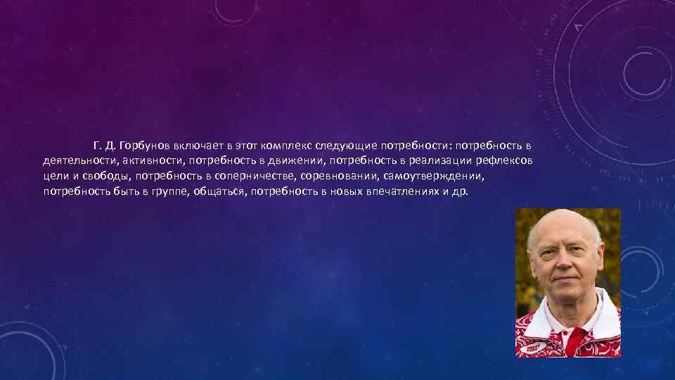 Г. Д. Горбунов включает в этот комплекс следующие потребности: потребность в деятельности, активности, потребность