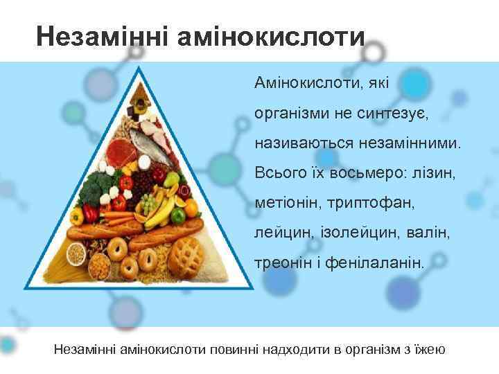 Незамінні амінокислоти Амінокислоти, які організми не синтезує, називаються незамінними. Всього їх восьмеро: лізин, метіонін,