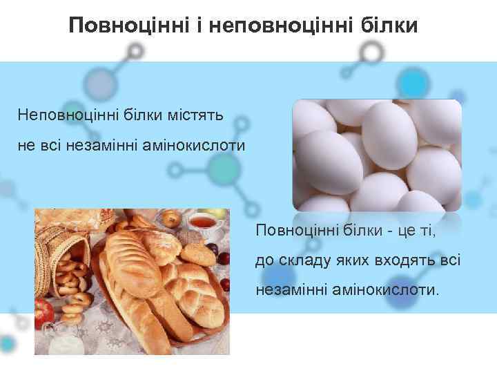 Повноцінні і неповноцінні білки Неповноцінні білки містять не всі незамінні амінокислоти Повноцінні білки -