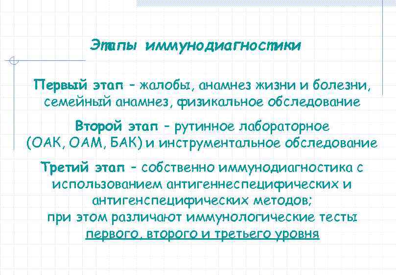 Этапы иммунодиагностики Первый этап – жалобы, анамнез жизни и болезни, семейный анамнез, физикальное обследование