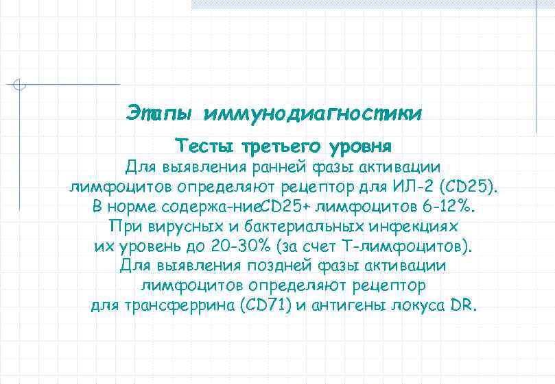 Этапы иммунодиагностики Тесты третьего уровня Для выявления ранней фазы активации лимфоцитов определяют рецептор для