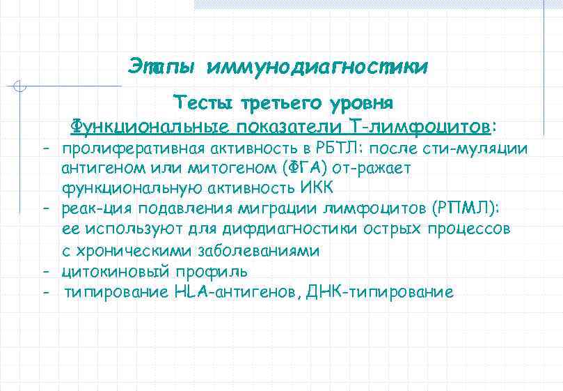 Этапы иммунодиагностики Тесты третьего уровня Функциональные показатели Т-лимфоцитов: - пролиферативная активность в РБТЛ: после