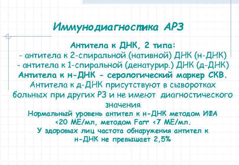 Иммунодиагностика АРЗ Антитела к ДНК, 2 типа: - антитела к 2 -спиральной (нативной) ДНК