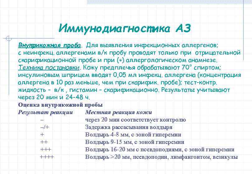 Иммунодиагностика АЗ Внутрикожная проба. Для выявления инфекционных аллергенов; с неинфекц. аллергенами в/к пробу проводят