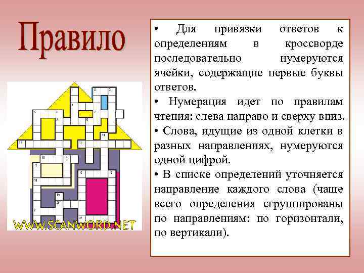  • Для привязки ответов к определениям в кроссворде последовательно нумеруются ячейки, содержащие первые