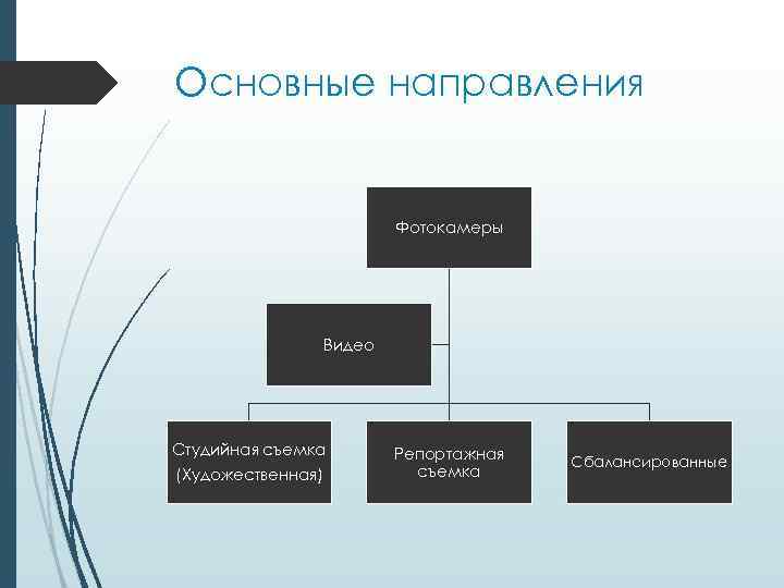 Основные направления Фотокамеры Видео Студийная съемка (Художественная) Репортажная съемка Сбалансированные 