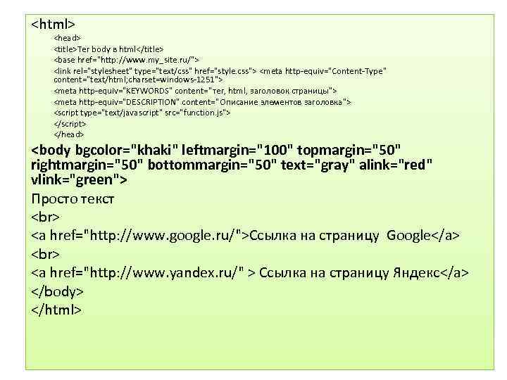 <html> <head> <title>Тег body в html</title> <base href="http: //www. my_site. ru/"> <link rel="stylesheet" type="text/css"