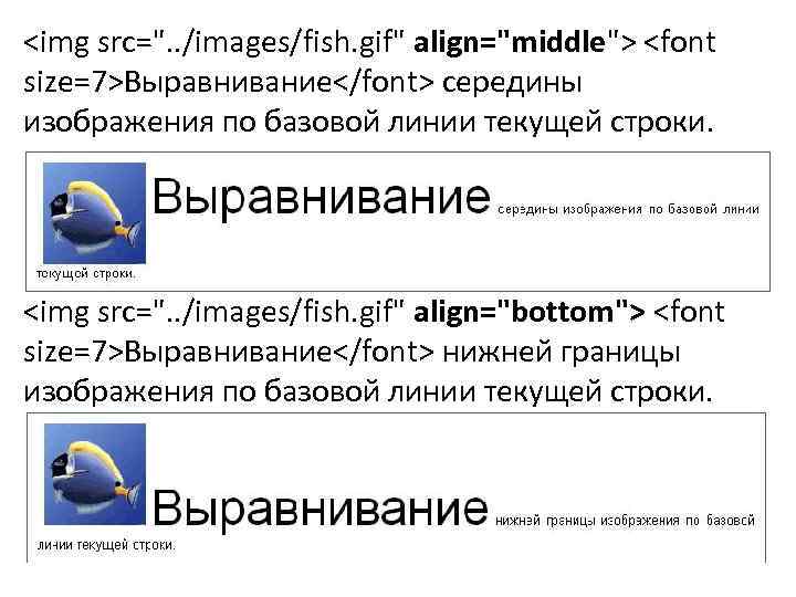 <img src=". . /images/fish. gif" align="middle"> <font size=7>Выравнивание</font> середины изображения по базовой линии текущей