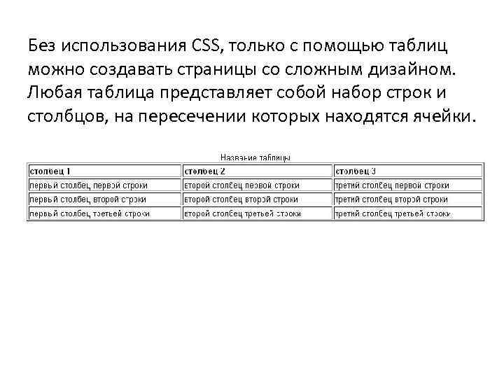 Без использования CSS, только с помощью таблиц можно создавать страницы со сложным дизайном. Любая