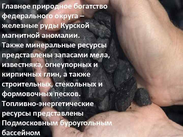 Главное природное богатство федерального округа – железные руды Курской магнитной аномалии. Также минеральные ресурсы