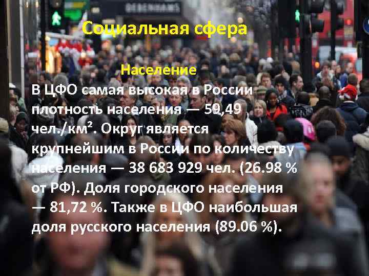  Социальная сфера Население В ЦФО самая высокая в России плотность населения — 59,