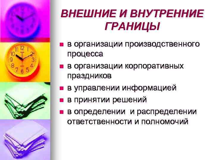 ВНЕШНИЕ И ВНУТРЕННИЕ ГРАНИЦЫ n n n в организации производственного процесса в организации корпоративных