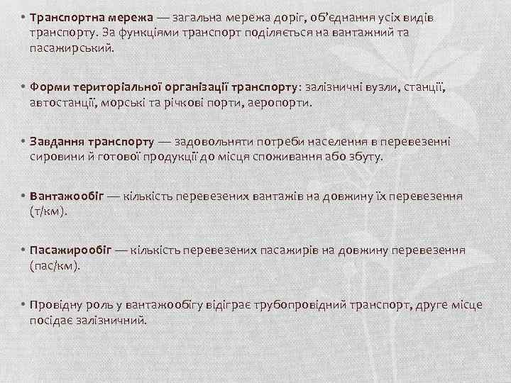  • Транспортна мережа — загальна мережа доріг, об’єднання усіх видів транспорту. За функціями