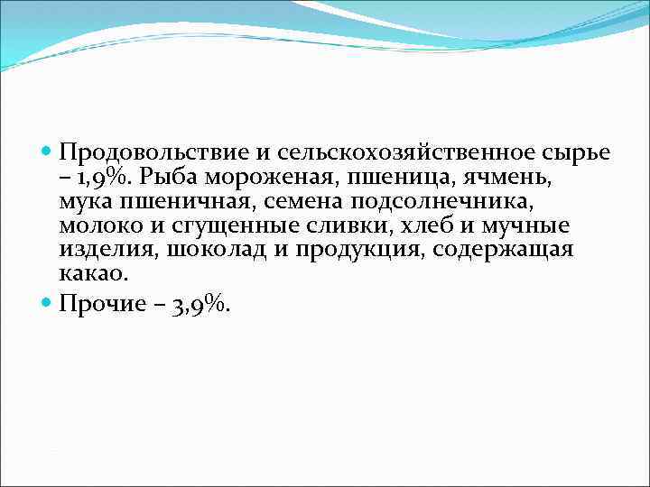  Продовольствие и сельскохозяйственное сырье – 1, 9%. Рыба мороженая, пшеница, ячмень, мука пшеничная,