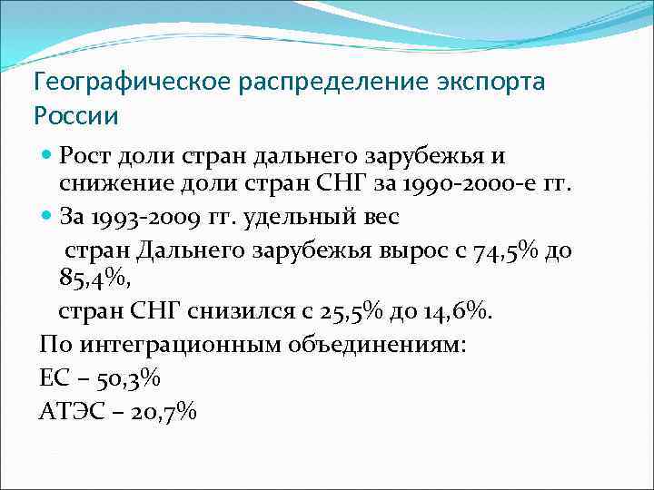 Географическое распределение экспорта России Рост доли стран дальнего зарубежья и снижение доли стран СНГ