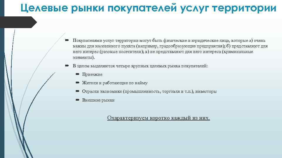 Целевые рынки покупателей услуг территории Покупателями услуг территории могут быть физические и юридические лица,