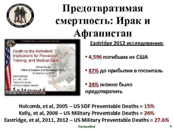 Предотвратимая смертность: Ирак и Афганистан Eastridge 2012 исследования: • 4, 596 погибших из США