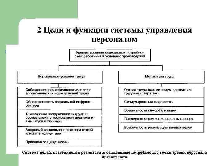 2 Цели и функции системы управления персоналом Система целей, позволяющая реализовать социальные потребности с