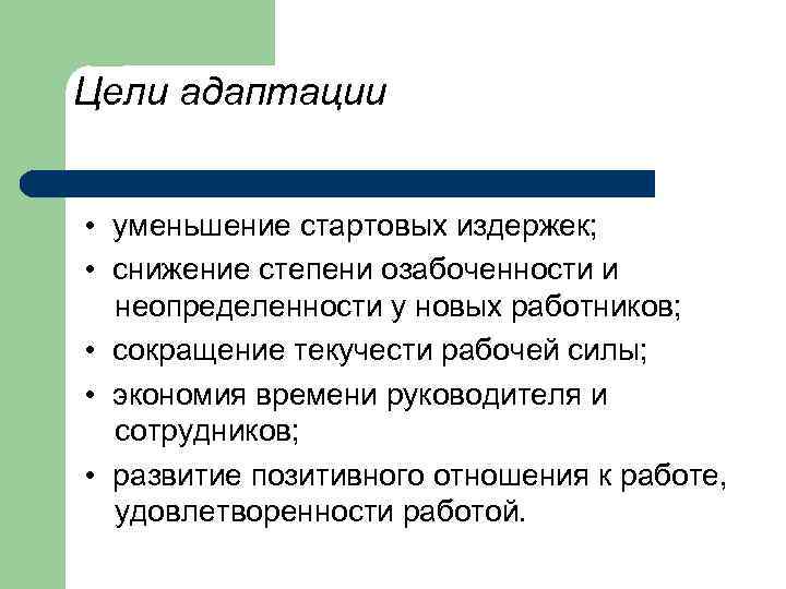 Цели адаптации • уменьшение стартовых издержек; • снижение степени озабоченности и неопределенности у новых