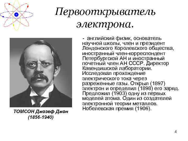 Первооткрыватель электрона. ТОМСОН Джозеф Джон (1856 -1940) - английский физик, основатель научной школы, член