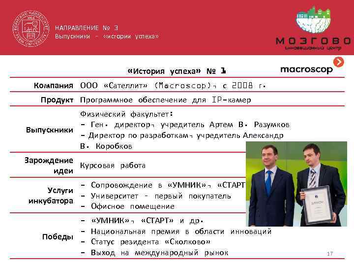 НАПРАВЛЕНИЕ № 3 Выпускники – «истории успеха» «История успеха» № 1 Компания ООО «Сателлит»