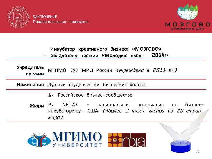 ЗАКЛЮЧЕНИЕ Профессиональное признание Инкубатор креативного бизнеса «МОЗГОВО» – обладатель премии «Молодые львы – 2014»