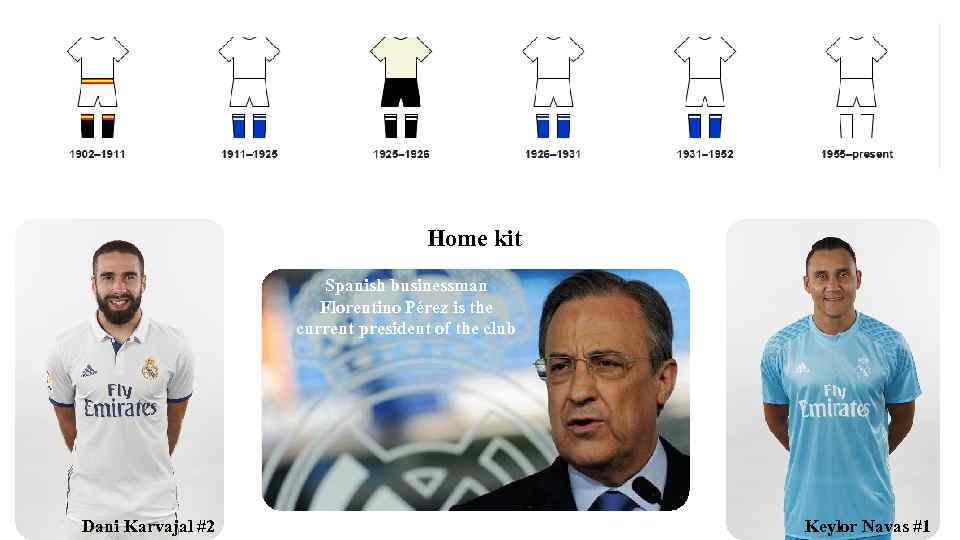 Home kit Spanish businessman Florentino Pérez is the current president of the club Dani