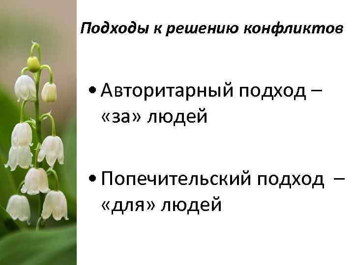 Подходы к решению конфликтов • Авторитарный подход – «за» людей • Попечительский подход –