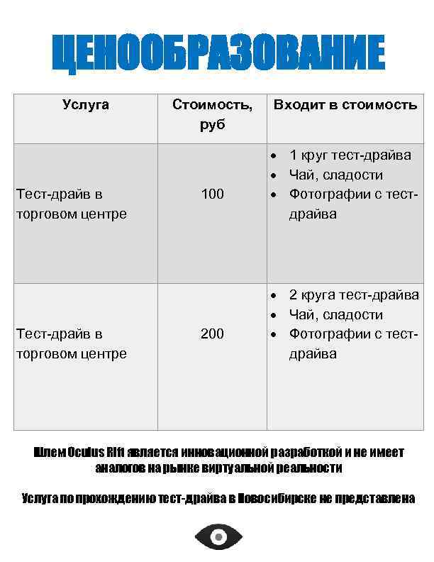 ЦЕНООБРАЗОВАНИЕ Услуга Тест-драйв в торговом центре Стоимость, руб 100 200 Входит в стоимость 1