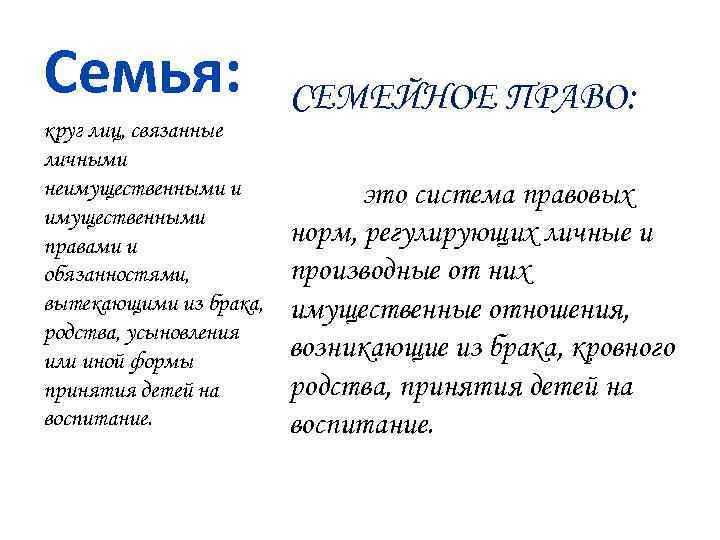 Семья: круг лиц, связанные личными неимущественными и имущественными правами и обязанностями, вытекающими из брака,