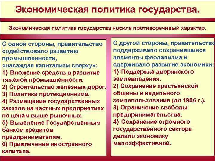 Экономическая политика государства носила противоречивый характер. С одной стороны, правительство содействовало развитию промышленности, «насаждая