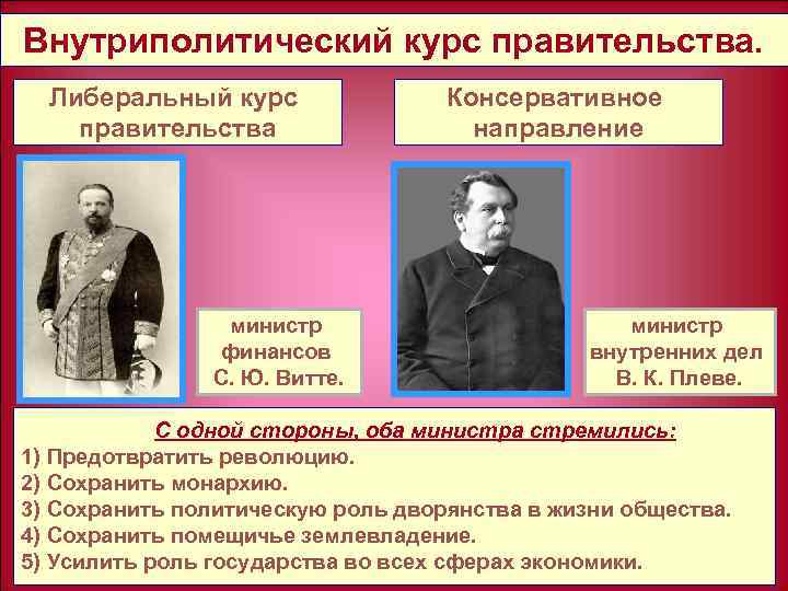 Внутриполитический курс правительства. Либеральный курс правительства министр финансов С. Ю. Витте. Консервативное направление министр