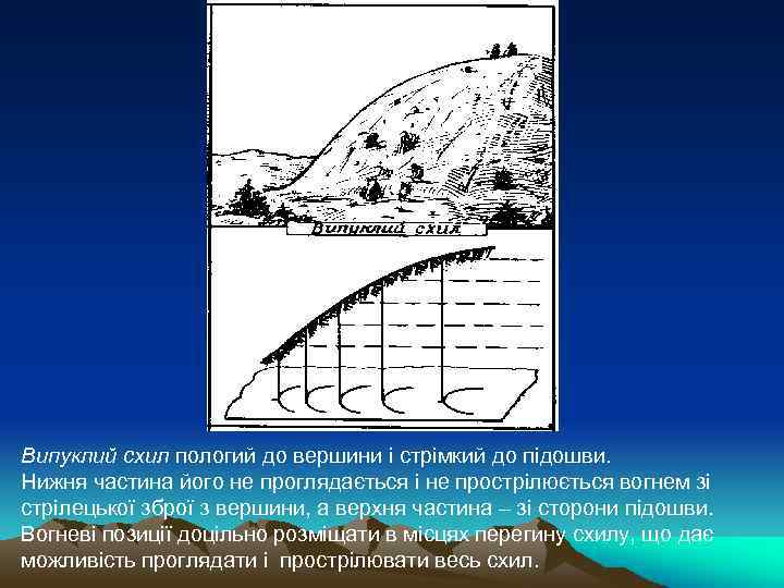 Випуклий схил пологий до вершини і стрімкий до підошви. Нижня частина його не проглядається