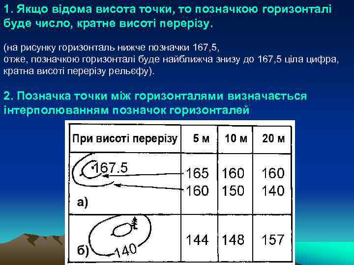 1. Якщо відома висота точки, то позначкою горизонталі буде число, кратне висоті перерізу. (на