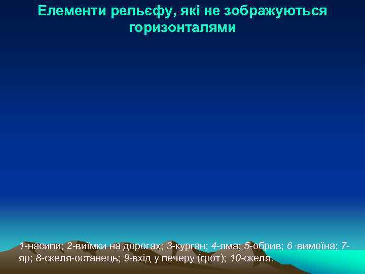 Елементи рельєфу, які не зображуються горизонталями 1 -насипи; 2 -виїмки на дорогах; 3 -курган;