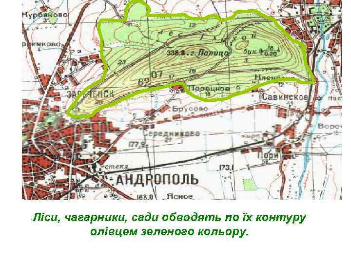 Ліси, чагарники, сади обводять по їх контуру олівцем зеленого кольору. 