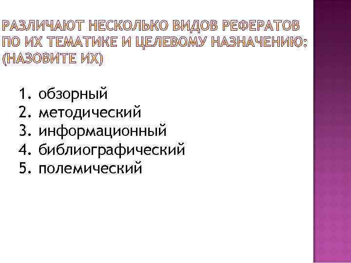 1. 2. 3. 4. 5. обзорный методический информационный библиографический полемический 