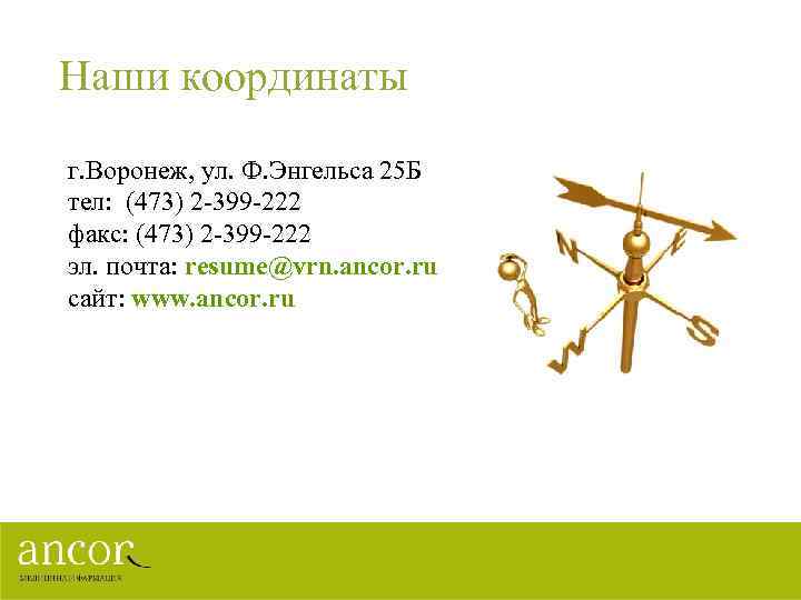 Наши координаты г. Воронеж, ул. Ф. Энгельса 25 Б тел: (473) 2 -399 -222