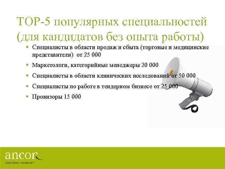 TOP-5 популярных специальностей (для кандидатов без опыта работы) § Специалисты в области продаж и
