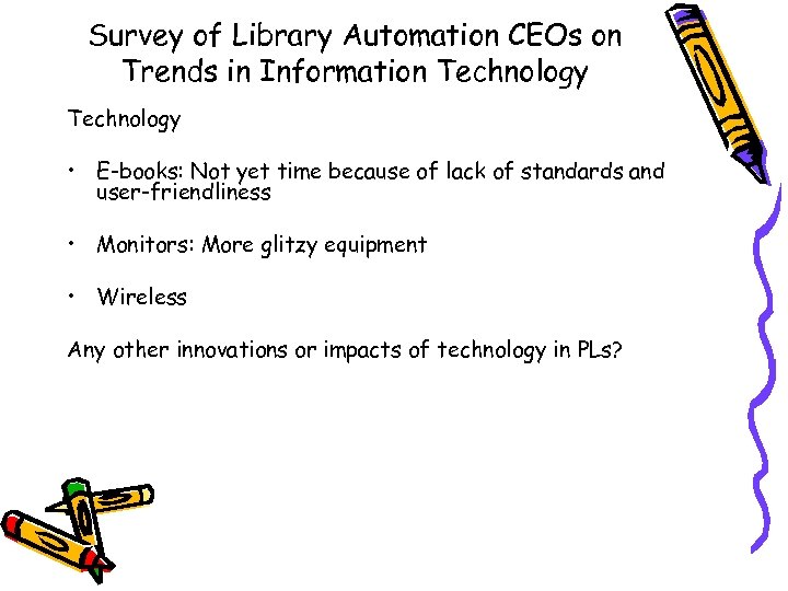 Survey of Library Automation CEOs on Trends in Information Technology • E-books: Not yet